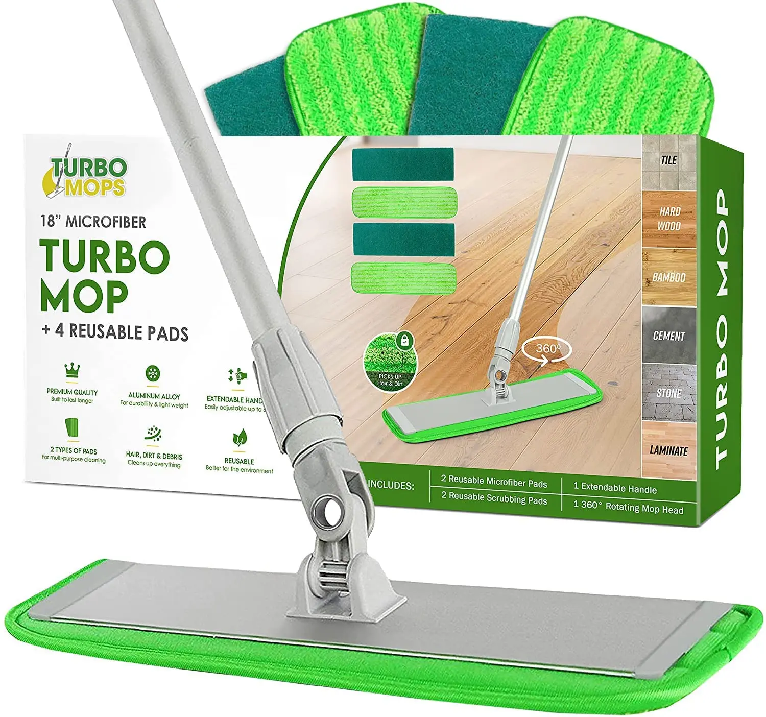 Turbo Microfiber Mop Floor Cleaning System - 18-inch Dust Mop with 4 Reusable Pads for Hardwood and Tile