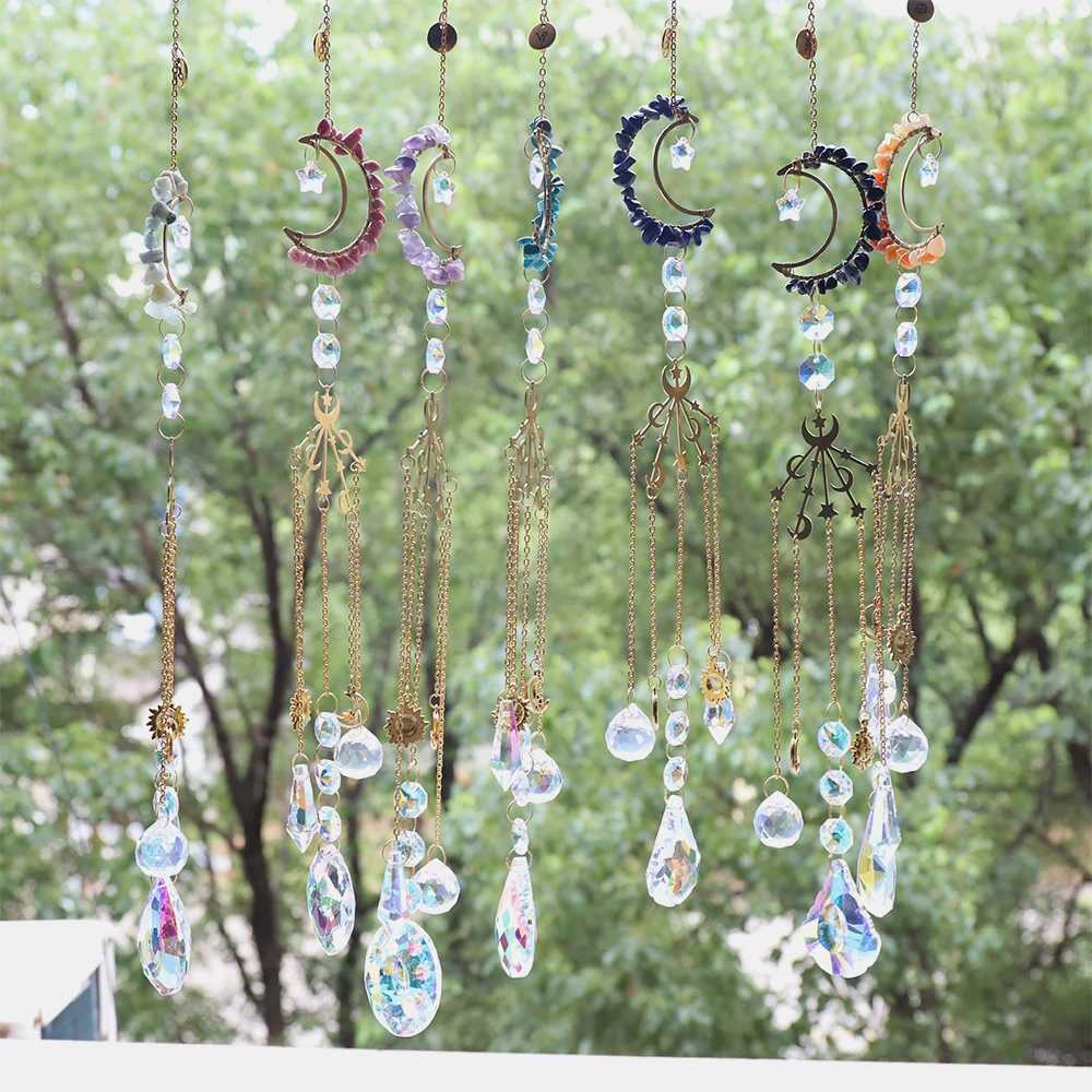 Zhubi Shining Crystal Sun Catcher 50MM Drop Pendants Zodiac Signs Natural Stone Chips Light Chandelier Parts Home Decoration