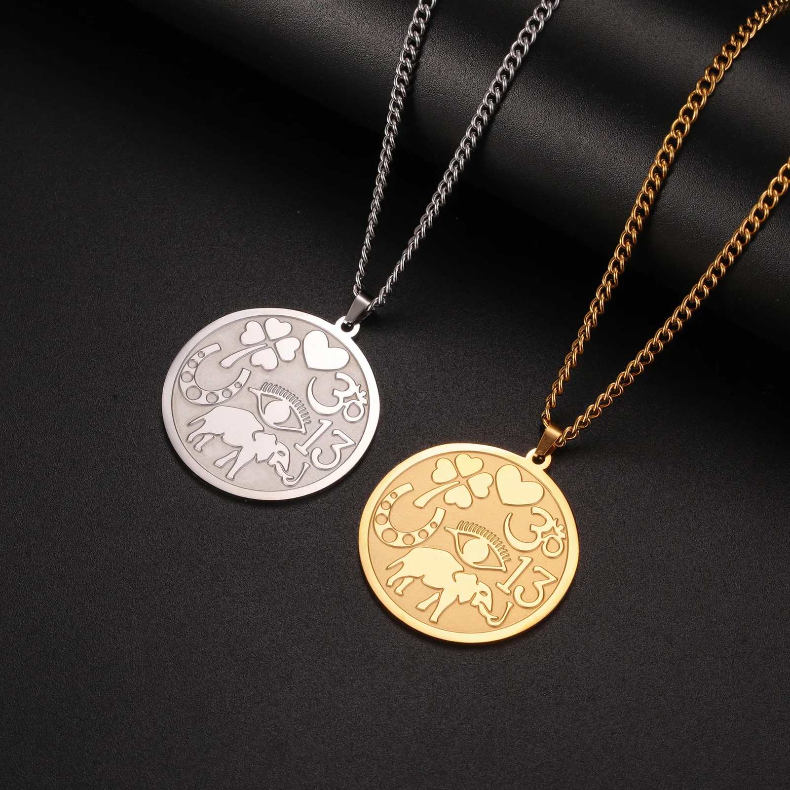 Wholesale  Good Luck  Elephant Medallion Necklace Powerful Protection Amulet Ohm Symbol Horseshoe  Stainless Steel Necklace