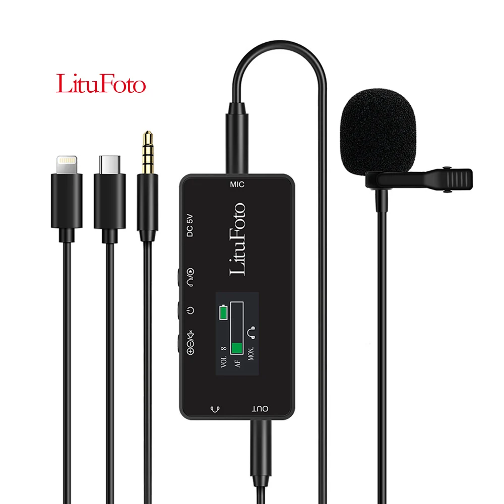Litufoto VV18 real-time monitoring lavalier microphone with TFT display playback function 5M omnidirectional condenser mic