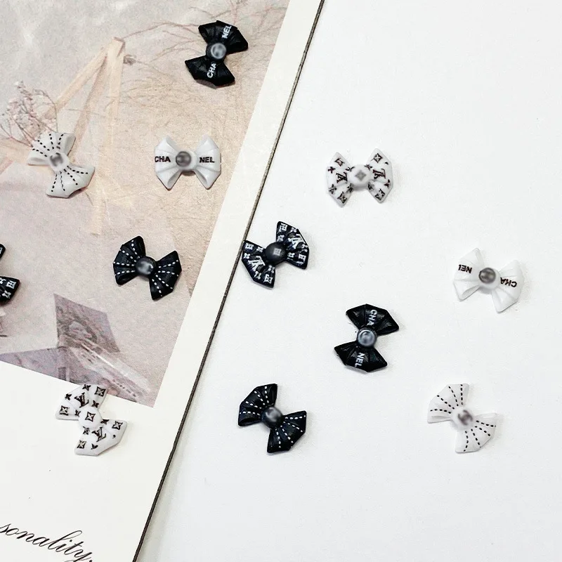 Resin Nail Accessories Black White Mocha French Nail Jewelry Decoration CC Bow Nail Charms Big Brand