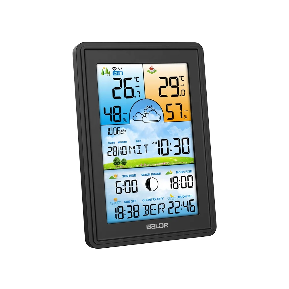 BALDR B0360 Hygrometer Clock Weather Station Clock  Indoor Outdoor  Weather Forecast Weather Station Thermometers Hygrometer
