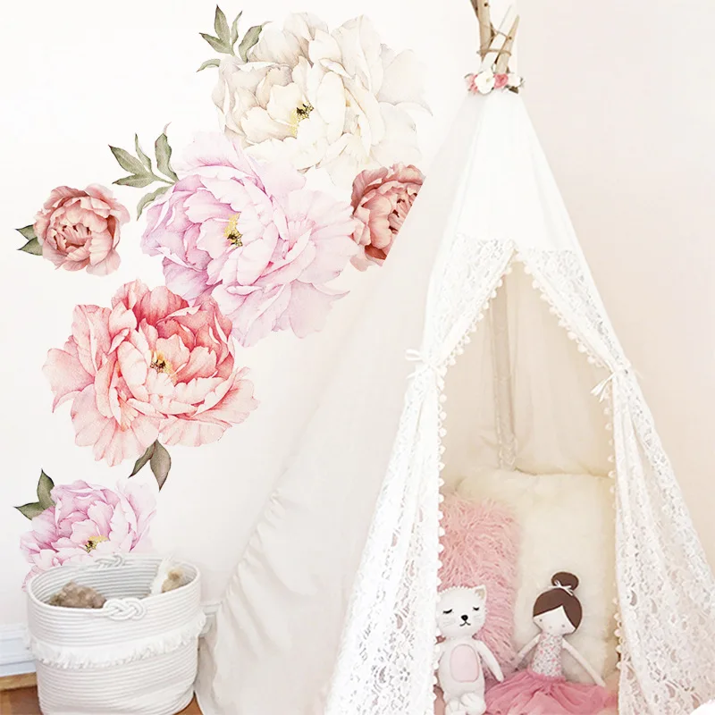 Light Pink Purple Peony Wall Sticker Blooming Flowers Wallpaper For Bedroom Living Room Removable PVC Wall Mural For TV Wall