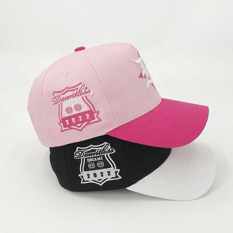 Custom 100% Cotton Embroidery Snap Back Crown Outdoor Pink Fitted Cap 3D Embroidered Logo 2 Tone Sport hat Baseball Cap For Men