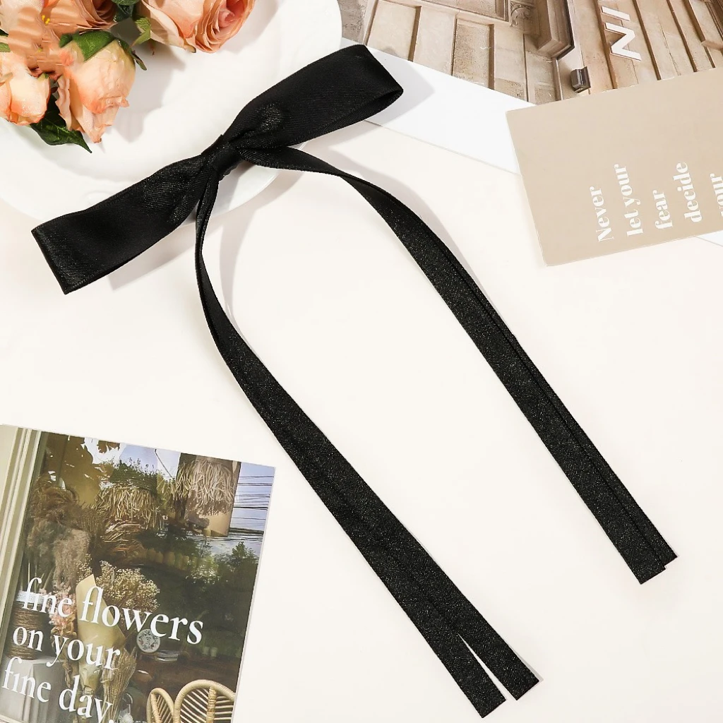 New Korean Hot Selling Sweet Girls Braided Ribbon Bow Hair Clips Elegant Solid Color Long Ribbon Hair Bow Duck Bill Hair Clips