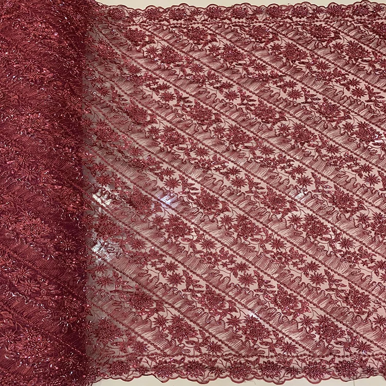 Handmade Luxury Red Beaded Handmade Embroidery Dress Dubai Lace Fabric Embroidery Lace Fabric Beads