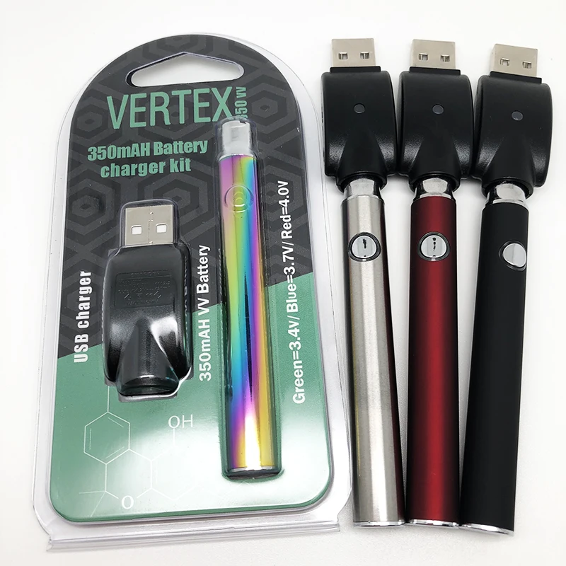 
2019 Hottest Ecig Battery 510 Thread 350mah Vape Pen Preheating Voltage Adjustable Rainbow Vertex Vape Pen Battery 