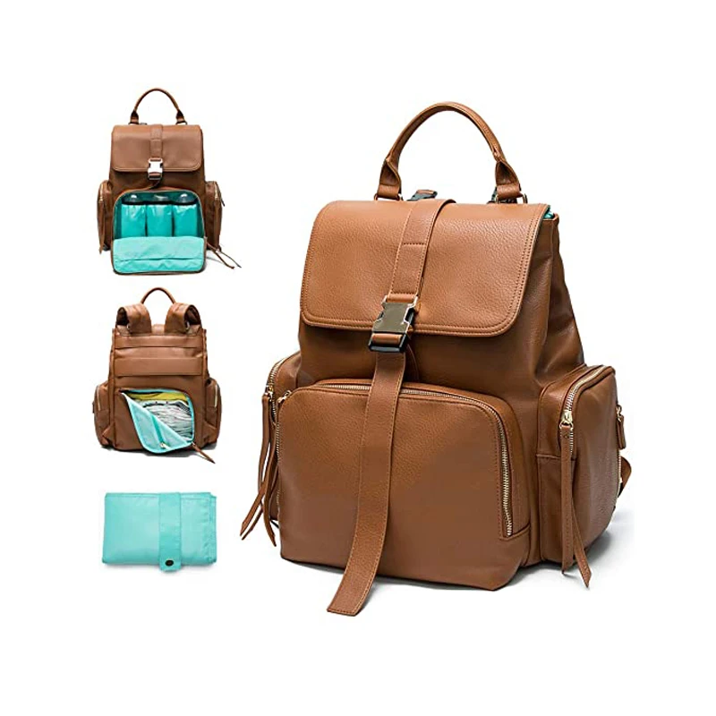 Diaper Bag Backpack Leather Backpack for Women Changing Pad, Large Capacity for Wet Clothes Breast Pump, Milk Bottle