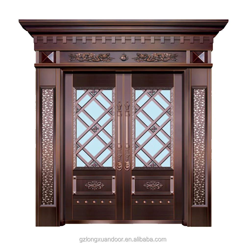 Newest main entry security double copper iron skin classical design pictures copper doors for residential exterior