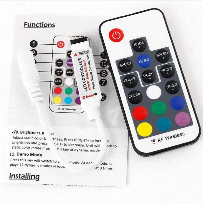 Mini RF RGB LED Controller Dimmer DC 5V-24V 12A 17 Keys Wireless Remote Control for Changing LED Strip Lights