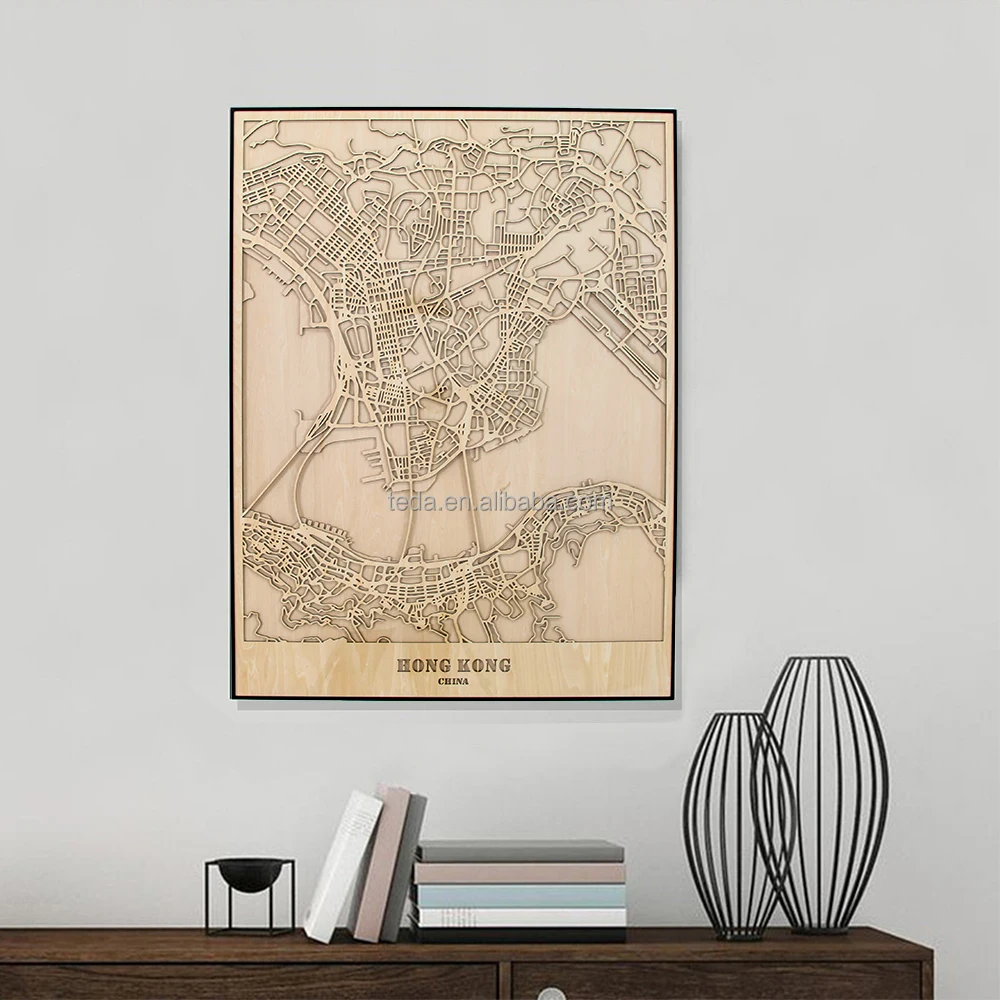 Factory directly sale Laser Cut City Map Wall Art 3D City street map of Hong Kong Custom City Map