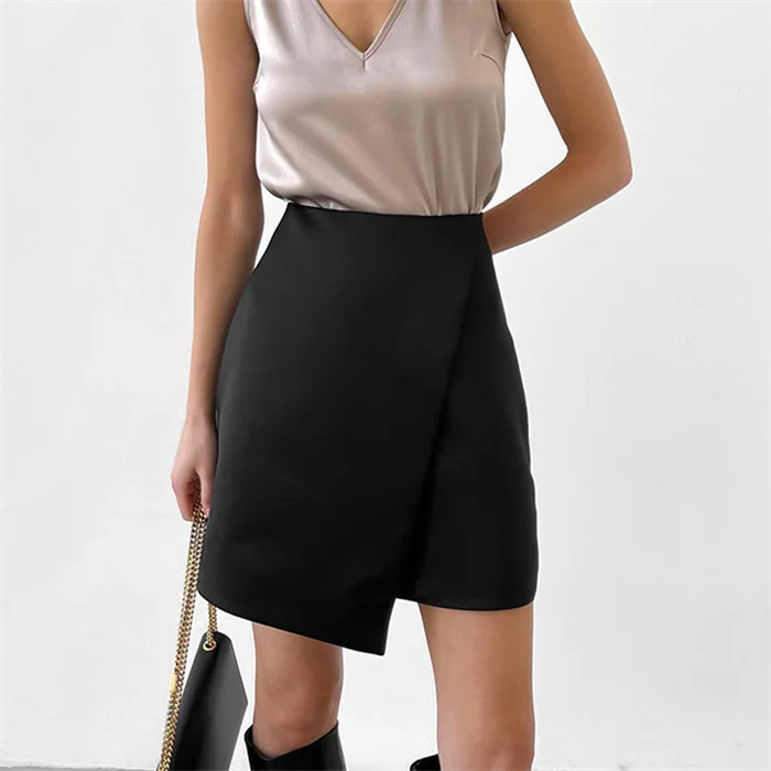 Solid Streetwear Fashion Satin Skirt Pink Women Summer Asymmetrical Mini Skirts Office Black High Waist Skirts