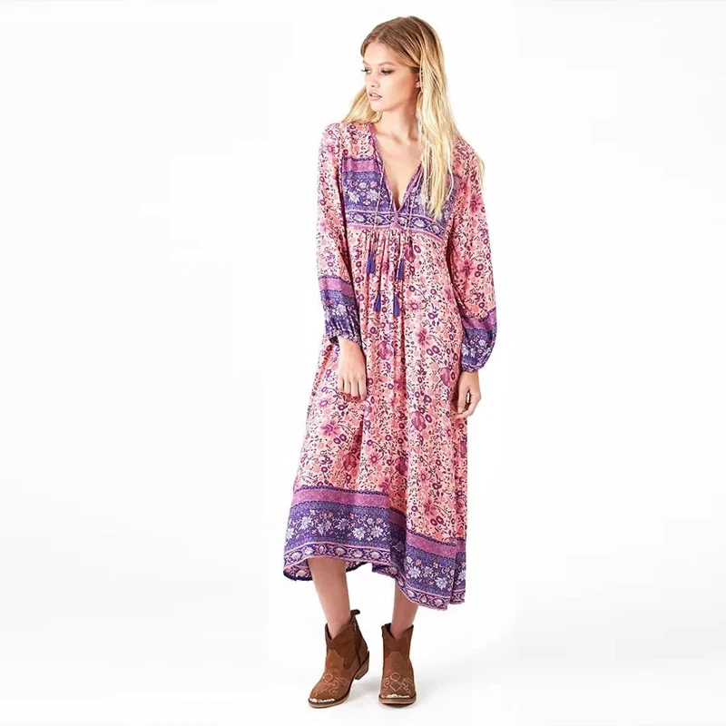 Women Casual Rayon Cotton Dress Lady Bohemian Style Floral printed Lace up O-neck Lantern Sleeve Long Slim Maxi Dress