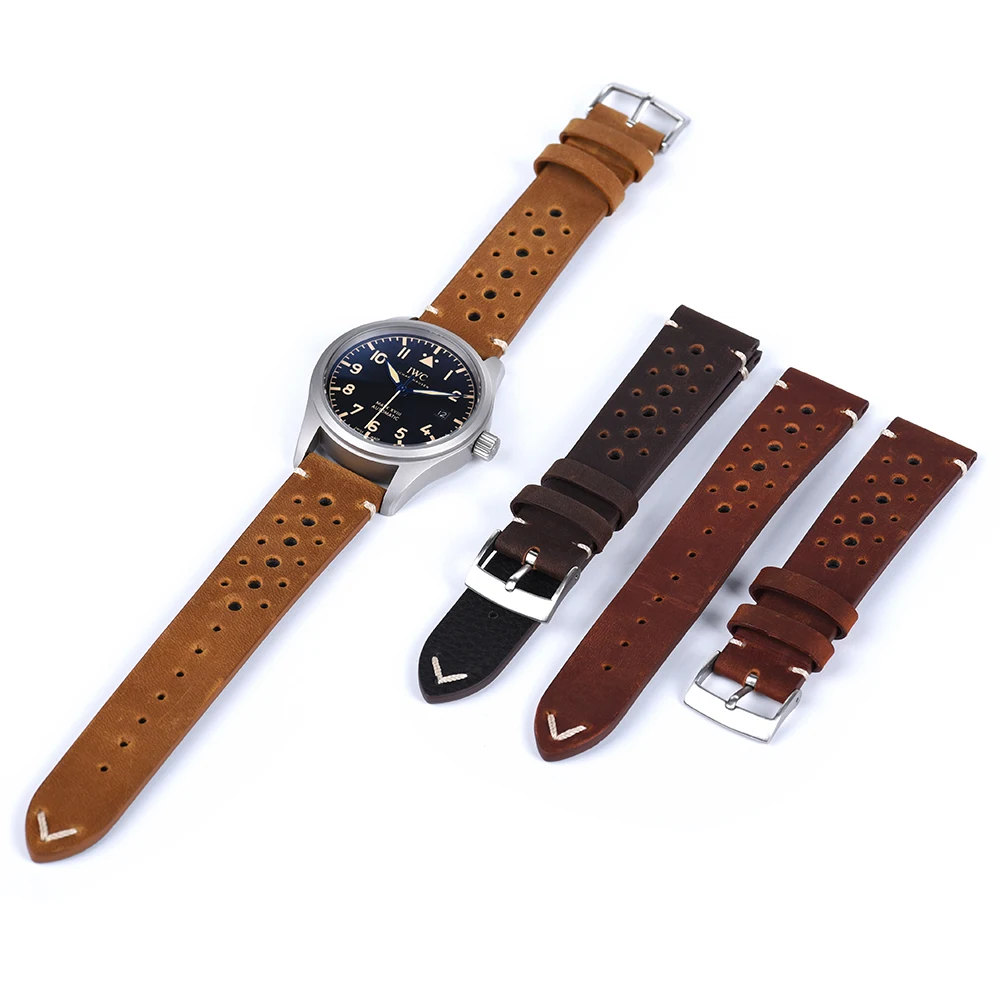 Ручной работы кожаный ремешок для наручных часов ралли спортивные из натуральной телячьей кожи с перфорацией ремешок для часов