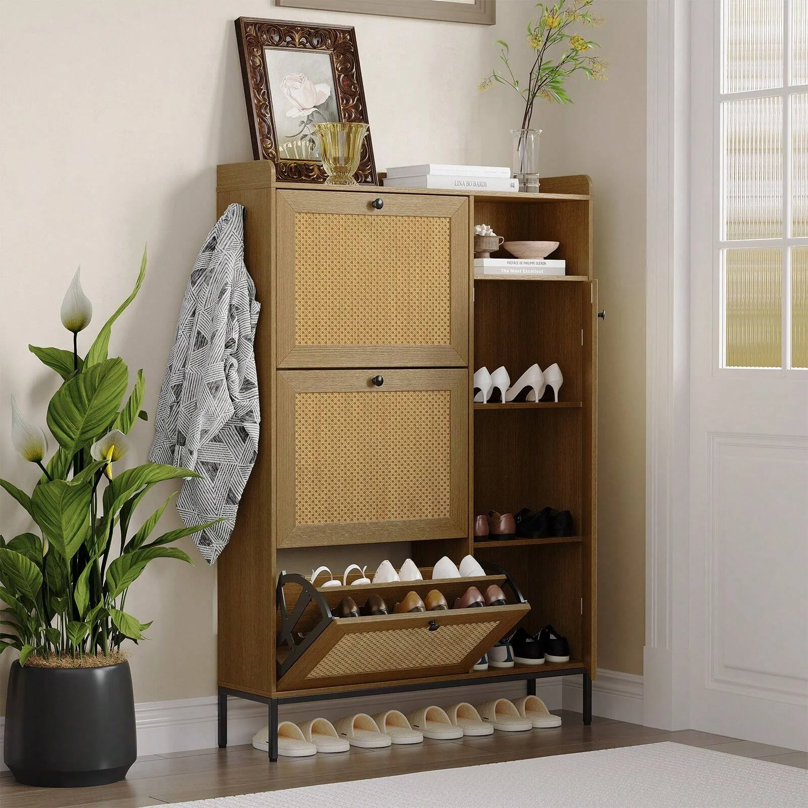 hoe Cabinet Shoe Storage Cabinet for Entryway, Free Standing Shoe Storage Organizer with Rattan Doors for Heels