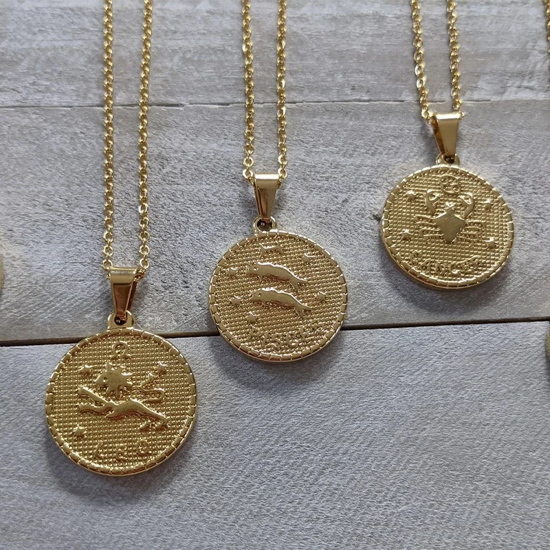 High Quality Women Jewelry 18K Gold Plated Disc Coin Stainless Steel Horoscope Zodiac Pendant Necklace For Women