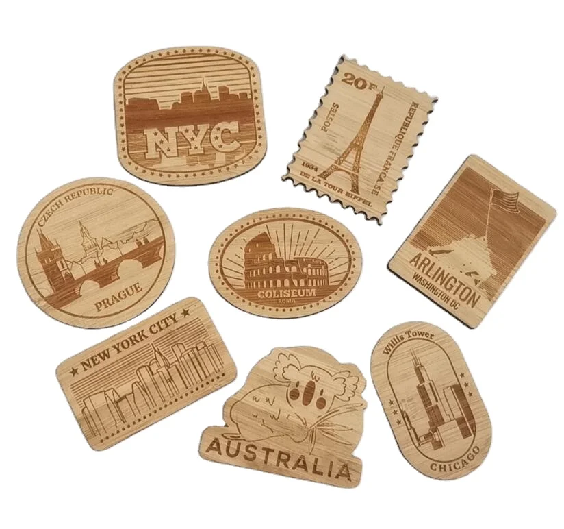 Customized creative Bamboo wood laser engraved USA landmark building souvenir fridge magnet