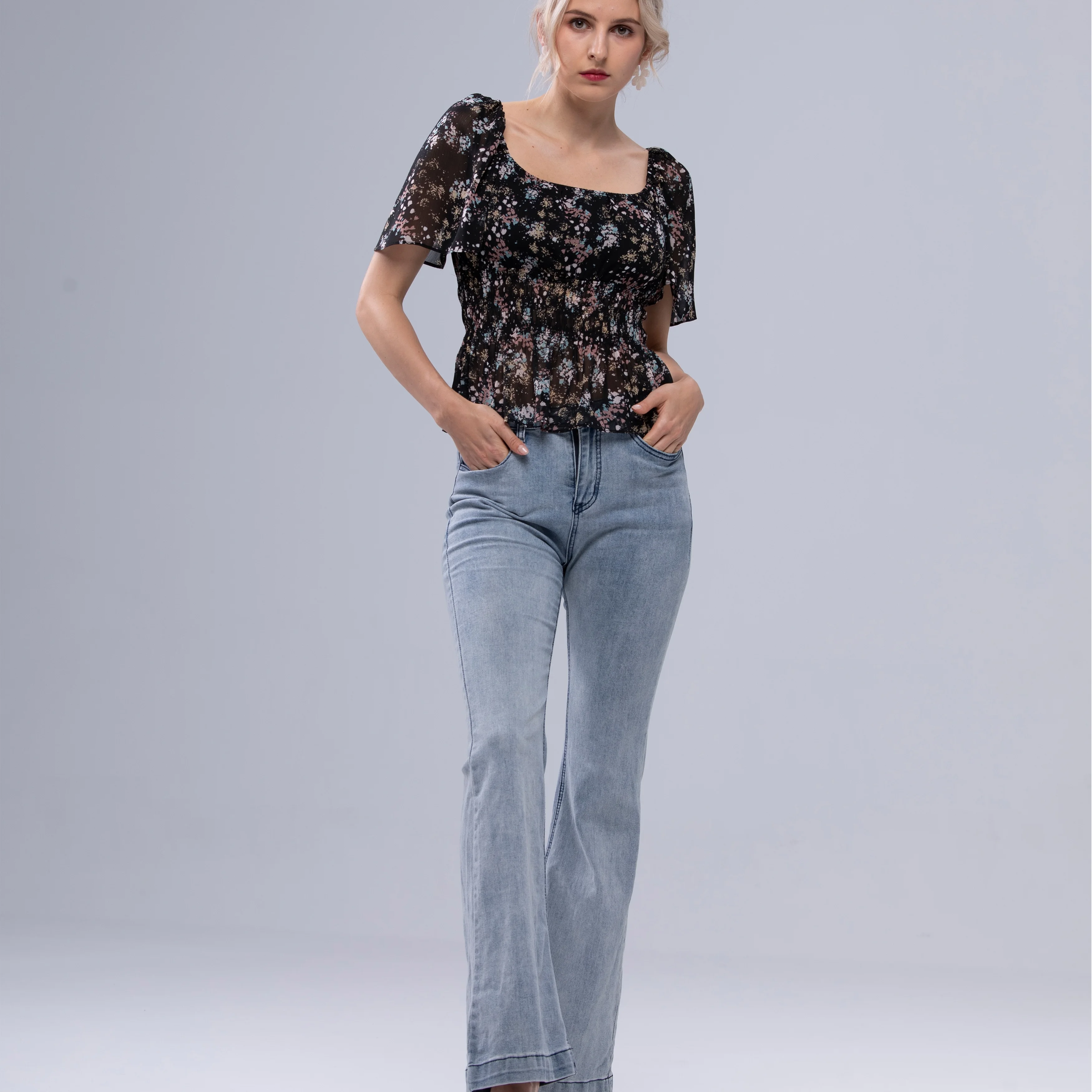 Ladies Trendy Casual Ruffle Sleeve Tops Women Fashion Chiffon Shirts Tops Blouse for Summer