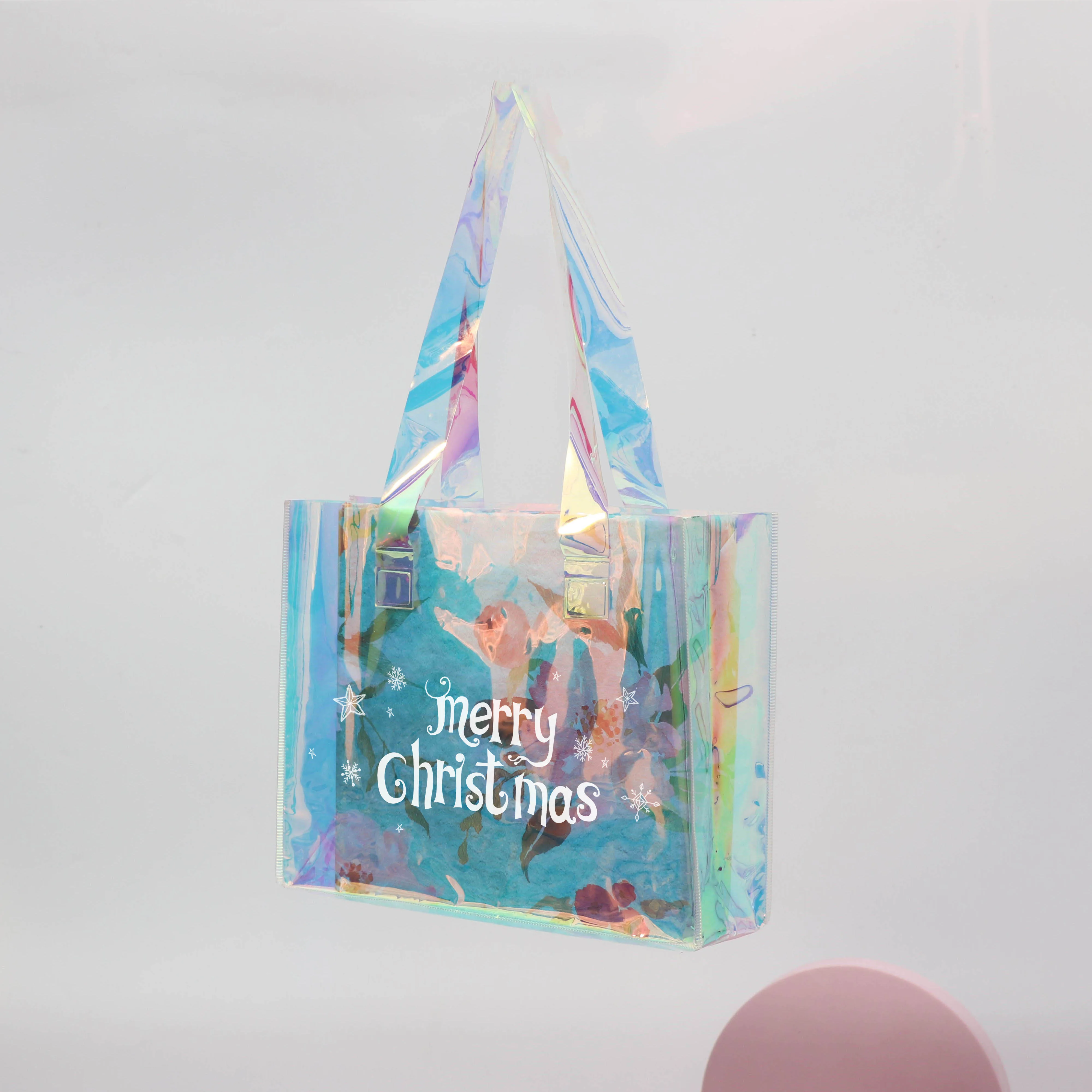 Custom Travel Tote shopping bag Christmas Gift Promotion Bag with Handle PVC Please Hologram Totes for Beauty