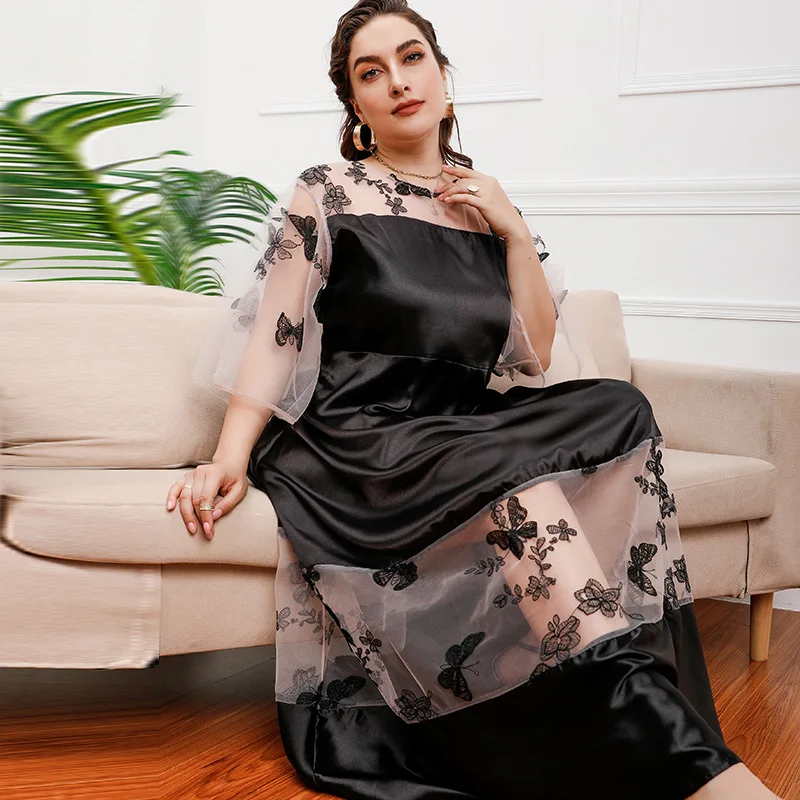 French court style large size mesh lace stitching fat mm can wear a mid-length dress Organza gauze banquet dress