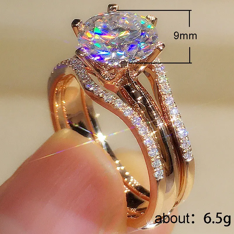 Fashion Ring Jewelry Women Big Round cut Diamond Cz Zirconia Engagement Ring Rose Gold Plated Wedding Rings