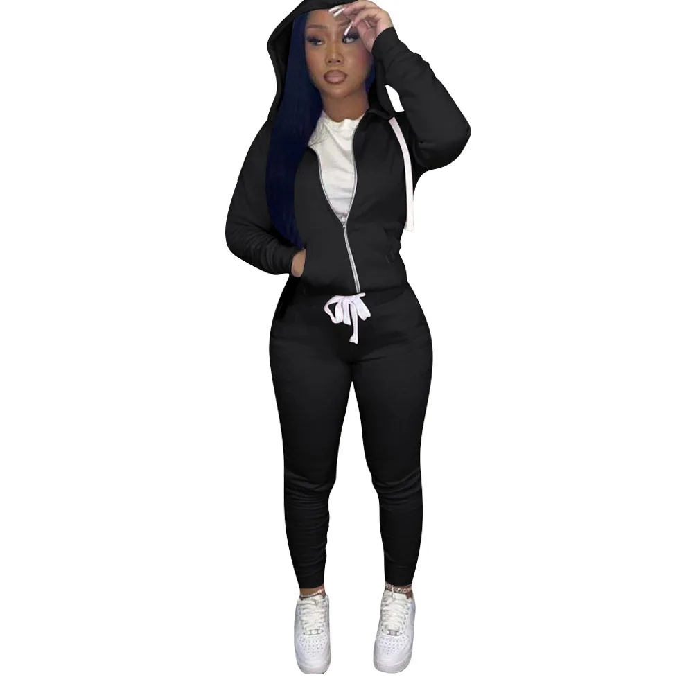womens winter clothing 2021 zipper hoodie set cotton thick fleece Sweatsuit woman tracksuit two piece jogger Set