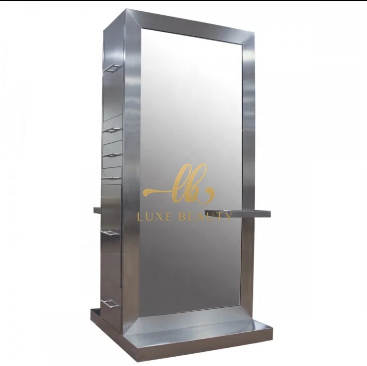 2023 salon station double sided salon station led salon mirror make up mirror stainless steel styling mirror for hairdresser