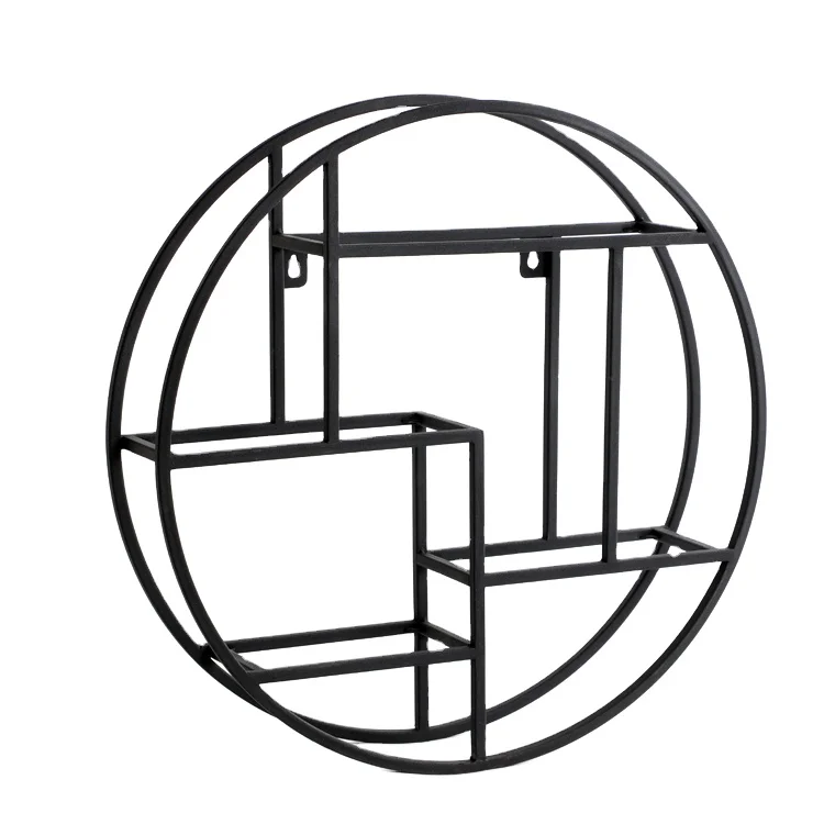 Circular black metal display rack with wooden layer
