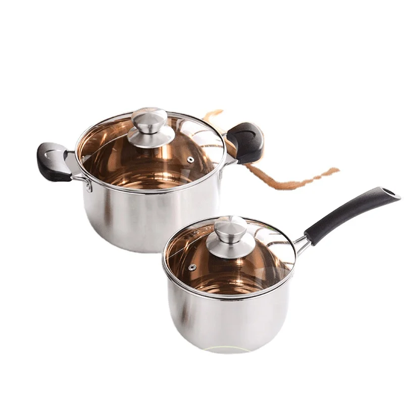2pcs cookware set 22cm Soup Pot & 18cm Milk Pot Thickened Composite Bottom Stainless Steel Pot Set With Glasses Lid