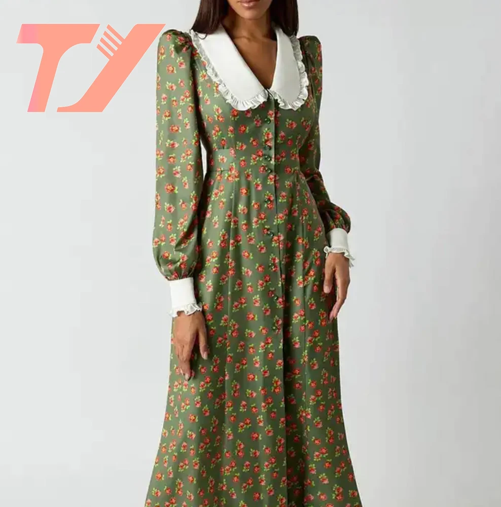 TUOYI Spring Collection Unique Vintage Elegant High Waist Ladies Dresses Long Sleeve Women Floral Casual Maxi Dress
