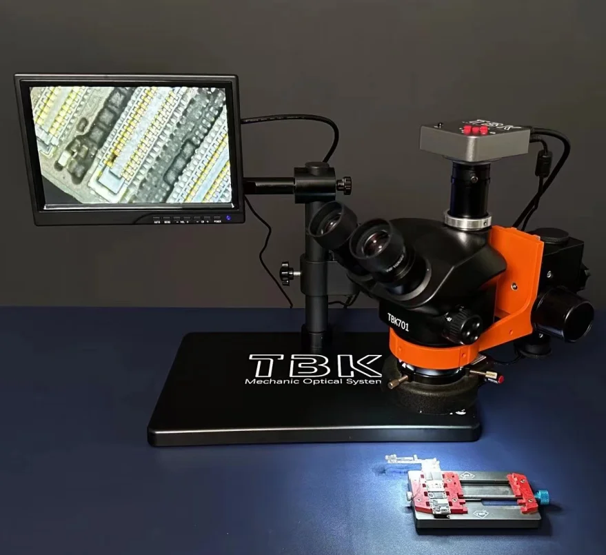 TBK 701 Electron Trinocular Stereo Microscope Portable Mobile Optical Continuously Rotating CCD Camera For Mobile Maintain Tool