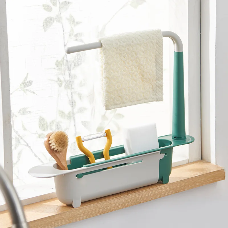 Sink Rack Kitchen Organizer Telescopic Sink Sponge Holder Expandable Dish Caddy Drying RackDrain Basket Tray Caddy Shelf