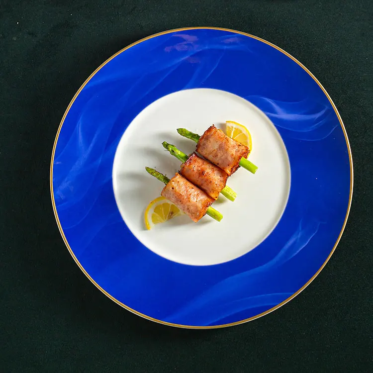 Porcelain Commercial Restaurant Supply Crockery Tableware Decal Blue Bone China Dinner Plate Dishes