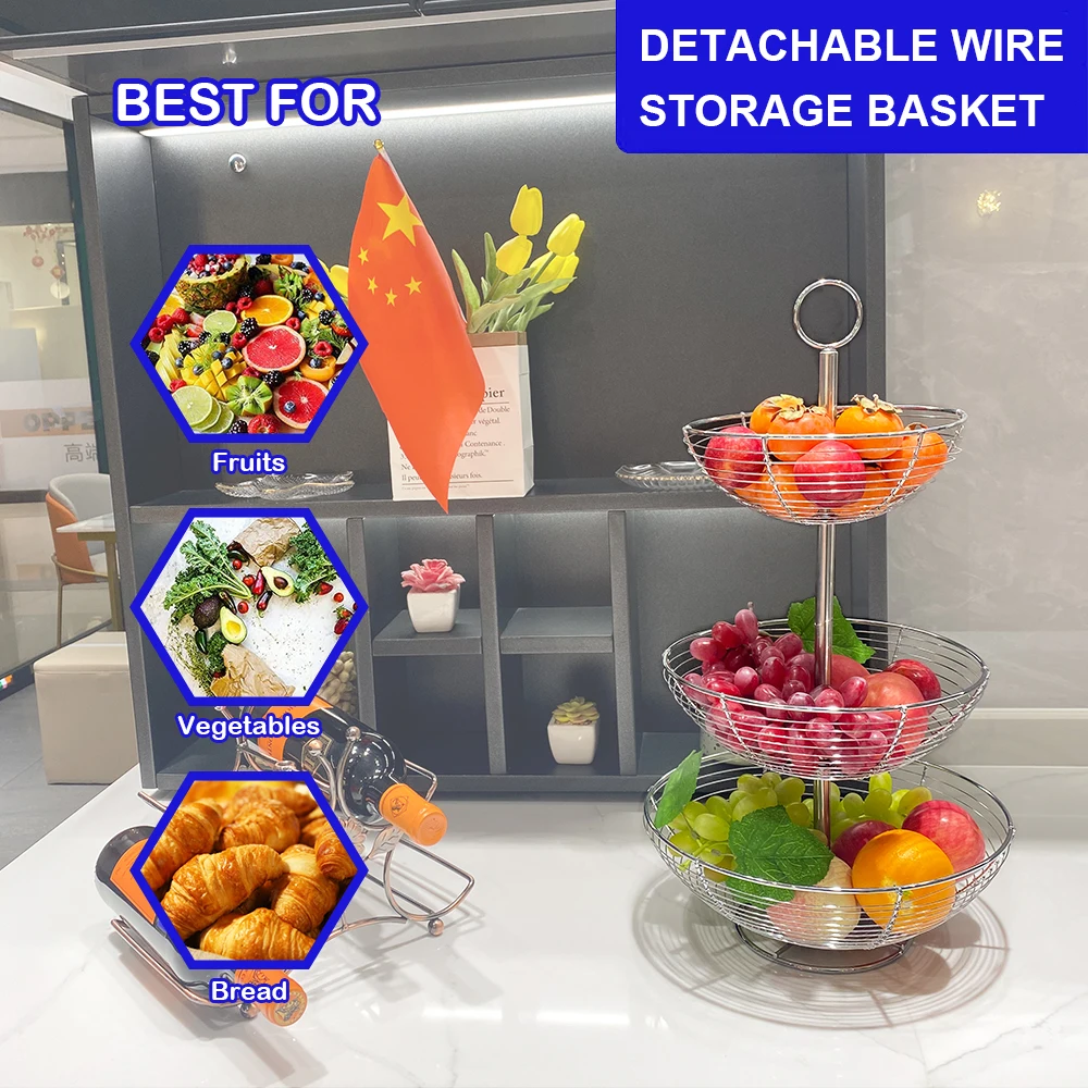 Modern Detachable Metal Wire Fruit Basket 3 Tiers Chrome Wire Metal Fruit Bowl For Kitchen Counter Organizer
