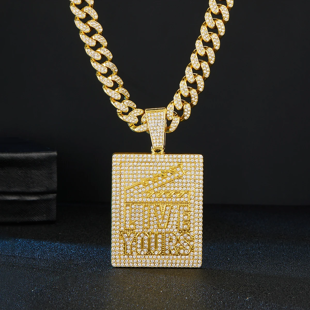 Live Yours Clapper Board Pendant Live Your Dream Inspirational Military Dog Tag Pendant with Cuban Link Chain Centralcee Chains