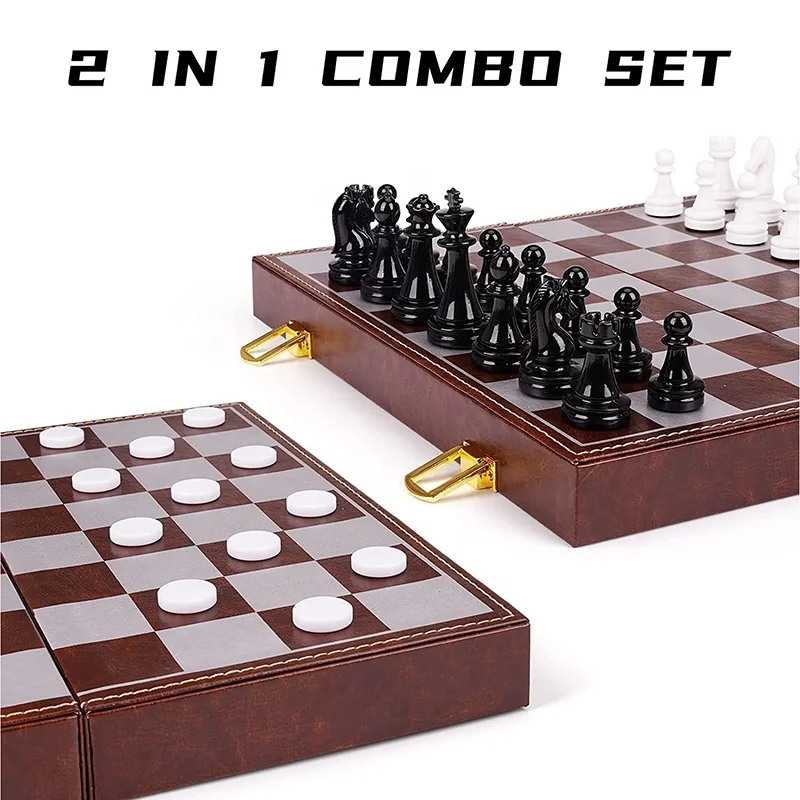 Magnetic Chess Set Checkers Game Set for Adults Kids (2 in 1) Magnetic Chess Pieces & Portable Folding Leather Chess Board