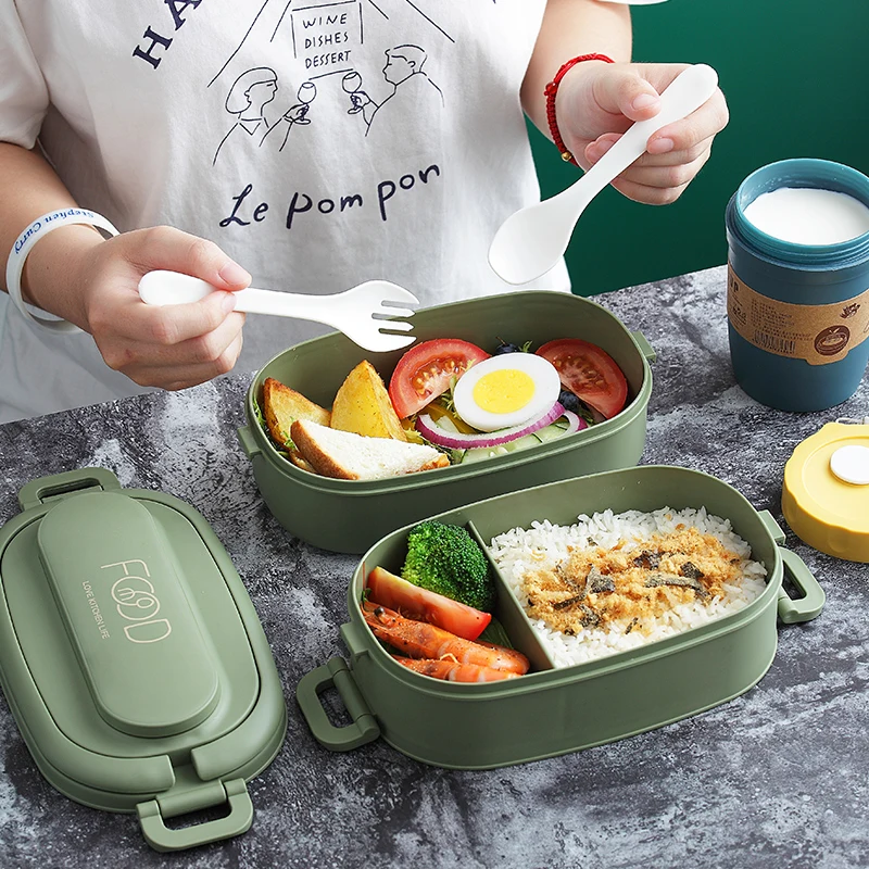 Wholesale PP Plastic Lunch Box 2 Layer With Cutlery And Bottle Insulated Leakproof Bento Lunch Boxes Bag Set