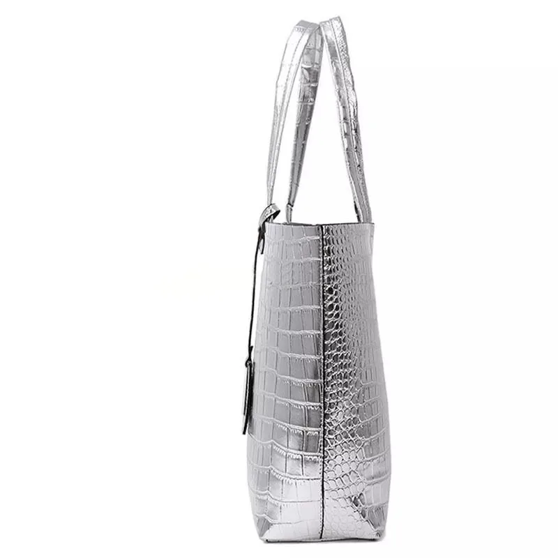 Women Crocodile PU Leather Shoulder Bag Ladies Casual Tote Sliver Handbag