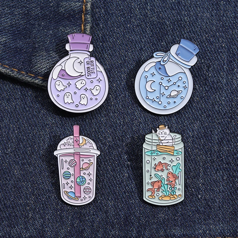 Cute Cartoon Enamel Pin Ocean Starry Sky Bottle Lapel Pin Fish Boo Planet Brooches Badge Clothes Backpack Jewelry Accessories