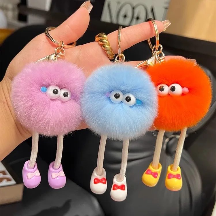 Plush Long Leg Small Coal Ball Keychain Cute Black Grey Pink rabbit Fur Pendant Creative Bag Car Metal Keyring Girl Lover Gift