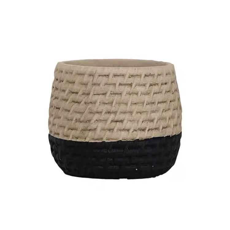 Household concrete woven storage basket green plants pots small black cement flowerpot round decorative garden plant flower pot