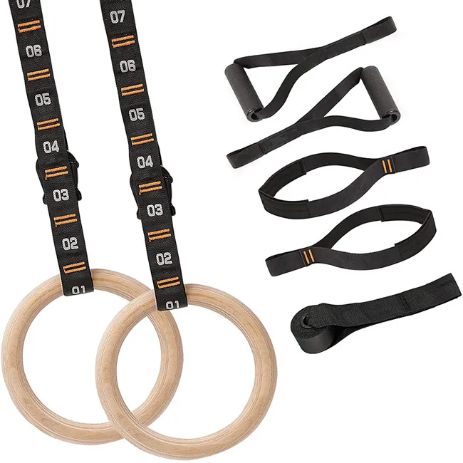 Wooden Gymnastic Rings with Adjustable Numbered Straps and 1.1'  Rings for Core Workout and Bodyweight Training