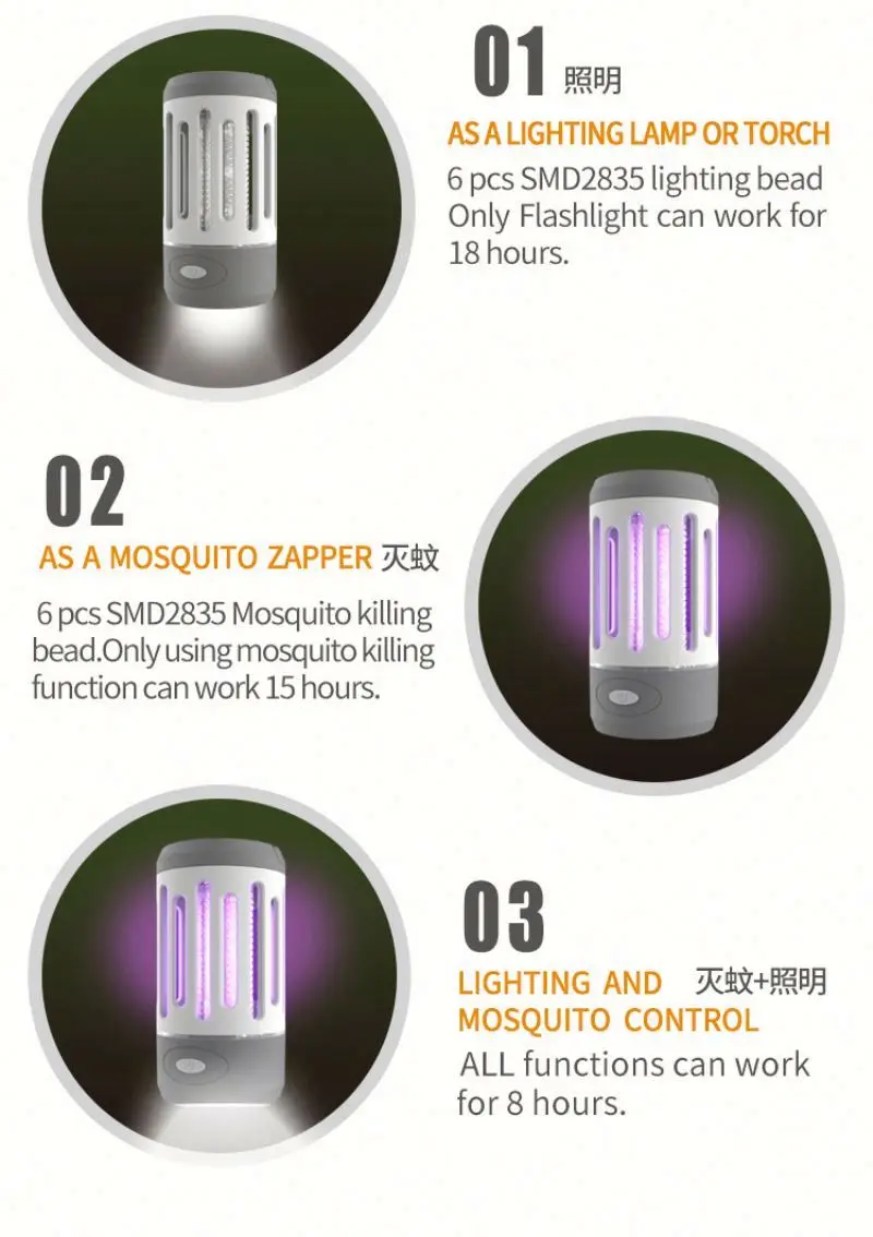 Bug Zapper Outdoor Mosquito Killer Rechargeable Fly Zapper UV Light Fly Traps Indoor Waterproof Camping Flashlight Bug Lights