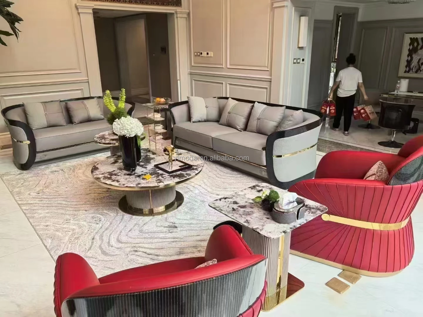 Modern Italian design luxury living room villa hotel sofa furniture Red Grey contrast leather sofa set couch sofa