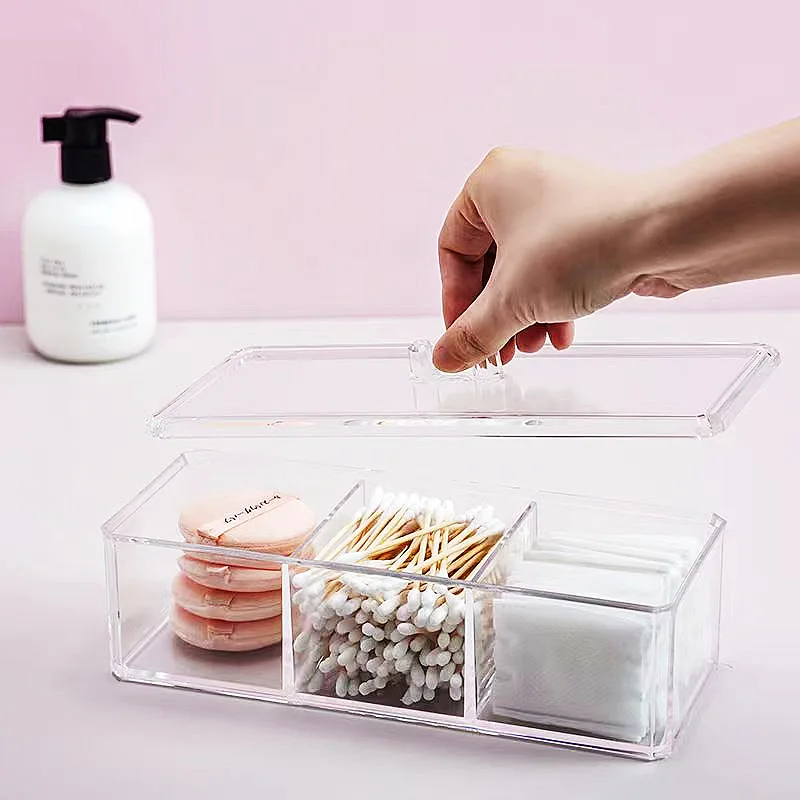 NISEVEN Hot Selling 3 Grid Acrylic Drawer Organizer Waterproof Bathroom Cotton Swab Box with Lid Clear Acrylic Storage Box