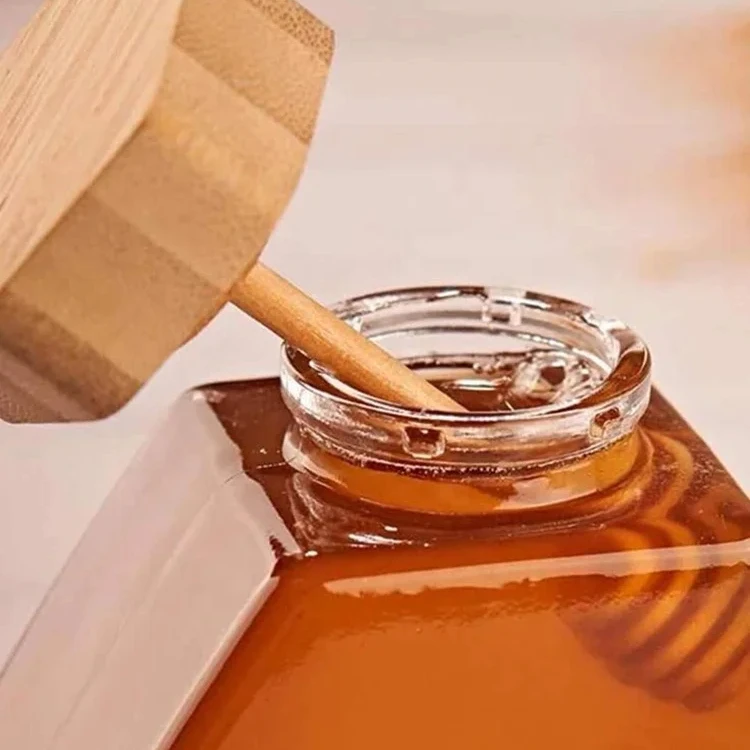 Custom 100ml 380ml 730ml honey jars jelly jam hexagon glass honey jar with stick glass jar with wooden lid for honey