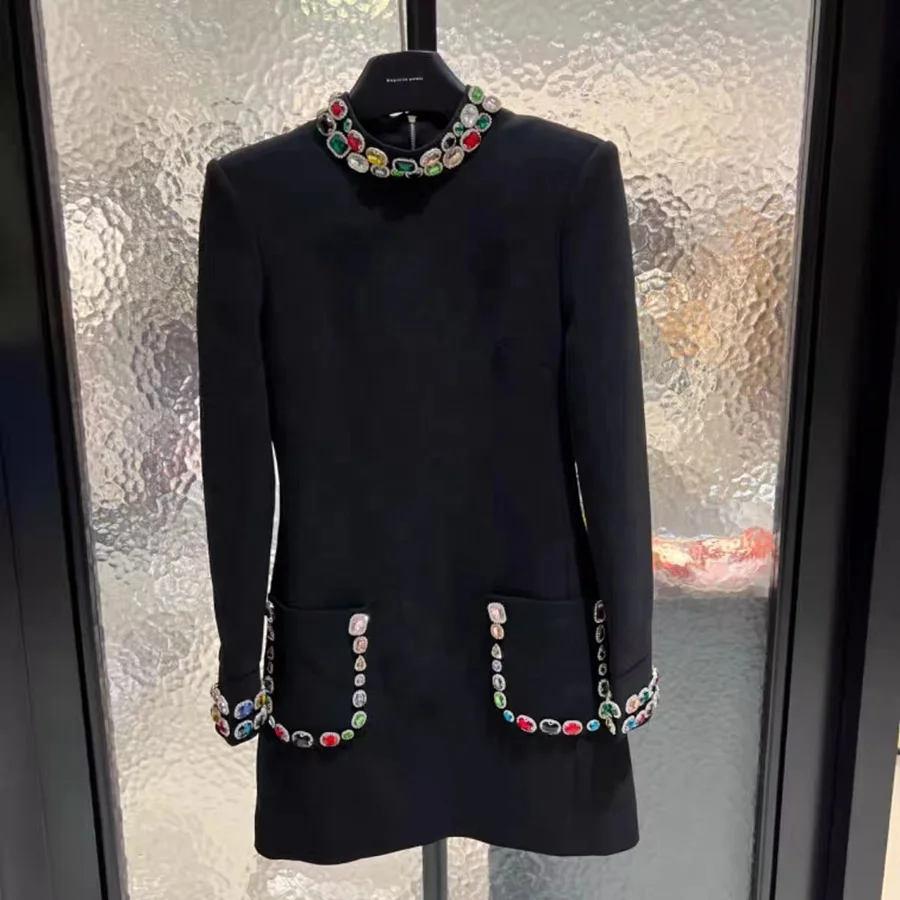 Autumn  New British Fashion Retro Exquisite High Grade Color Diamond Standing Neck Long Sleeve Dress