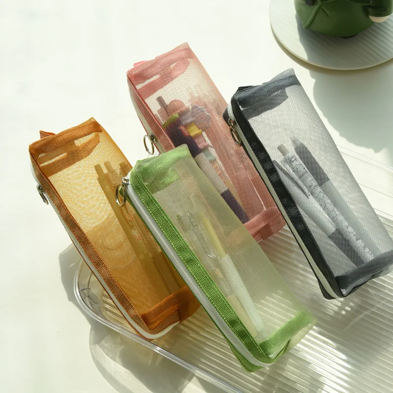 Cylinder Shaped Zipper Pencil Stationery Storage Bag Case Fresh Literature Colorful Transparent Mesh Pencil Bag