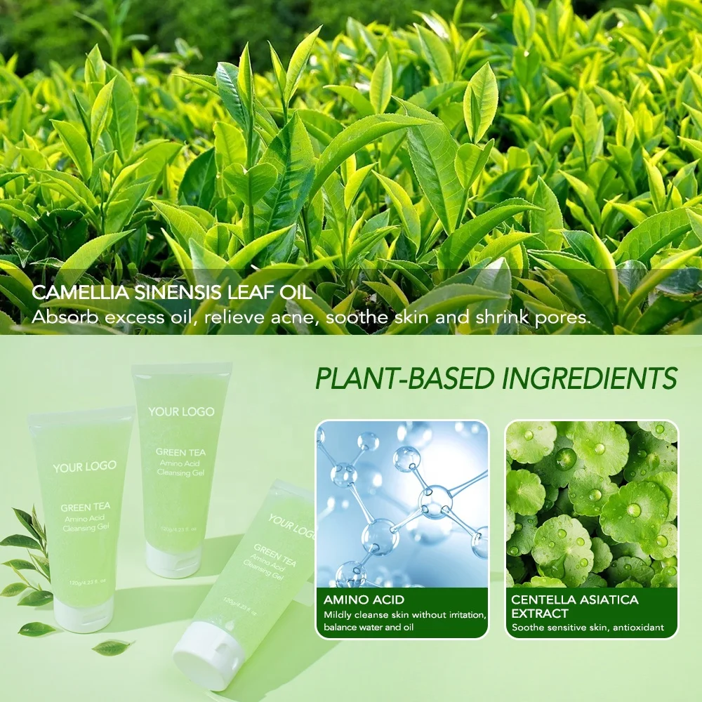 Private Label Hydrating Facial Jelly Cleanser Green Tea Face Wash Amino Acid Gentle Cleansing Gel