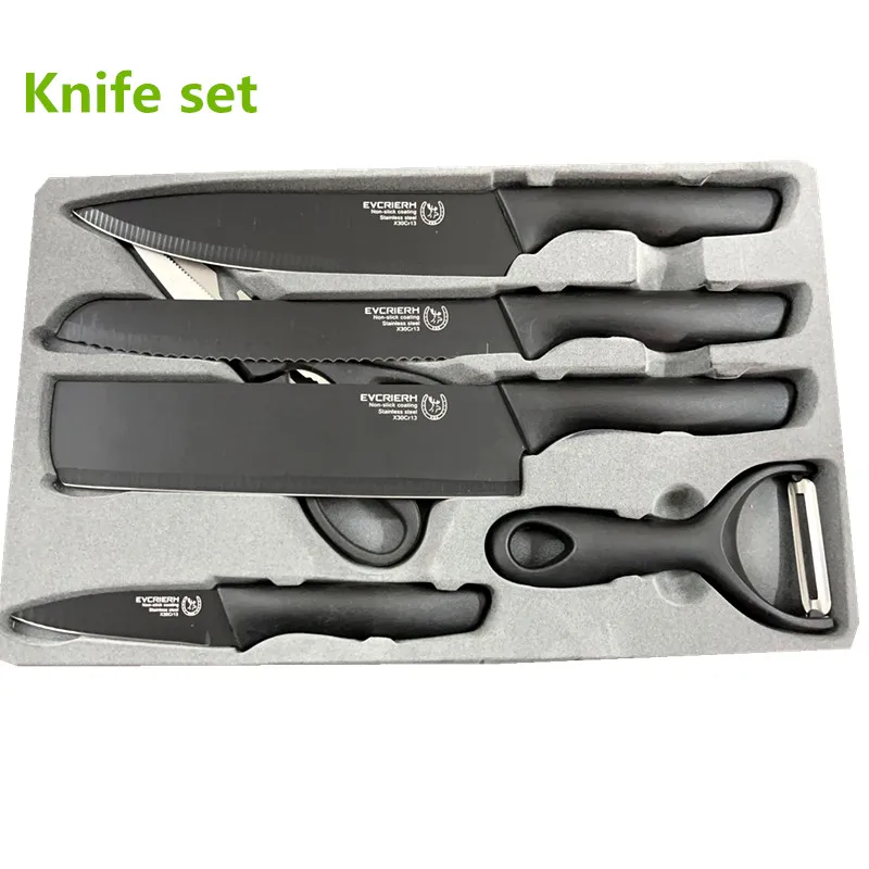 
6 pcs/set High Quality Cheap Custom Black Wheat Straw Kitchen Knife Non-Stick Coating Knife Gift Box Set 